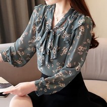 여성 데일리 남방 셔츠 블라우스 꽃무늬 리본 긴팔
