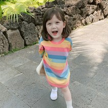 RS-14 여아 스마일 레인보우 롱 반팔티 아동 데일리 무지개 반팔 원피스