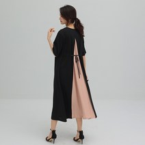 여성 레이어드 솔리드 배색 5부 반팔 원피스