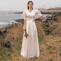 셀프 웨딩 새틴 퍼프 롱 원피스 브라이덜샤워 2부 실크 드레스