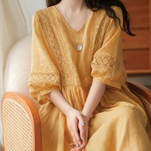 린넨원피스 여름 편안한 면마 롱 중년여성 펀칭자수원피스 브이넥