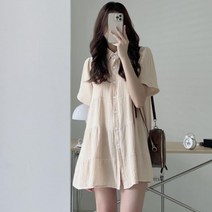 한국어 세련된 여름 프랑스 틈새 중간 길이 싱글 브레스트 셔츠 스커트 작은 느슨한 a 라인 드레스 여성