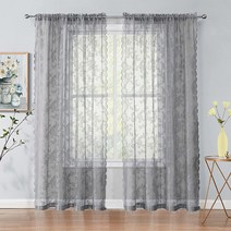 꽃무늬 레이스 시어 커튼 블랙 방 침실용 139.7 x 160cm(55 63인치) 우아한 플로럴 로즈 니트 자수 경량 로드 포켓 튤 보일 창문 트리트먼트 세트 주방용 패널 2개, Grey