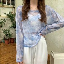 DFMEI 여성 얇은 선 스크린 셔츠 여름 거즈 에어컨 셔츠 라운드 넥 모든 일치 느슨한 긴 소매 블루 탑
