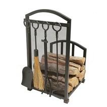Lizh Metalwork 벽난로 통나무 홀더 단철 실내 스토브 액세서리 장작 랙 홀더 목재 보관 스태킹 로그 통이 집게식 포커 및 브러시 포함
