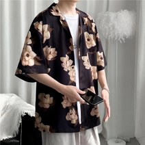M-3XL 한국남자 트렌디한 만능 꽃무늬 심플 홍콩 스타일 반팔 셔츠1308
