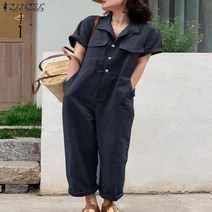 패션 여름 점프 슈트 짧은 소매 숙녀 휴일 주머니 우아한 휴가 바지 느슨한