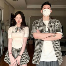 RM 커플시밀러룩 커플룩 커플 여름 체크 미니 스커트 레터링 반팔티 셔츠 졸업사진