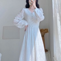 레이스 펀칭 롱 원피스 퍼프 소매 A라인 하객룩 KBBJ1909