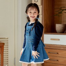 [꼼마제이] 릿츠 리본 데님 멜빵 스커트