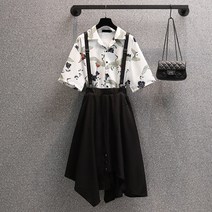 빅 사이즈 여성복 학원풍 멜빵 반신 치마 세트 신형 뚱뚱한 여동생 날씬해 보이고 살을 가리는 두 가지