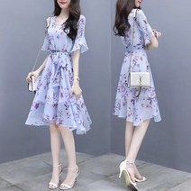 여름 쉬폰 여성 롱 원피스 미니 빅사이즈 플라워 원피스 달콤한 라인 꽃 드레스 우아한 프릴 인쇄 파티 드레스 세련된 슬림 허리 반팔 무릎 길이 드레스