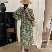POMTOP 여름 빈티지 엘레강스 라운드 풀스크린 플라워 스트링 루즈핏 벌룬 소매 원피스 롱