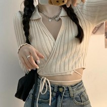여성 긴팔티 핑크 스웨터 크롭티 브이넥 니트 가을 슬림
