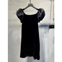 오간자실크드레스 오프숄더 키가 작은 사람들을 위한 오간자 스플라이스 실크 벨벳 루즈하고 날씬해 보이는 배 퍼프 스퀘어넥 리틀 블랙 드레스