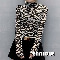[바니드] 여성 반목티 하이넥 스판 쫄티 셔츠 지브라무늬 슬림 폴라티-2500