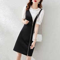 미미앤느 여성 라운드넥 린넨 반팔 블랙 배색 지퍼 라인 유니크 미디원피스 a2802
