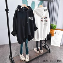 JUSTFEELING 1+1 오버핏 후드맨투맨 캐릭터 기모 원피스 빅사이즈 ~3xl