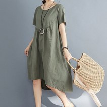 아이엠몽 린넨 언발 셔링 반팔 시원한 스트라이프 빅사이즈 라운드넥 미디원피스
