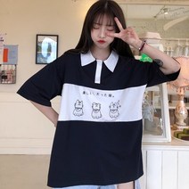 하라주쿠 스트릿 여성 티셔츠 탑 일본 카와이 얼짱 대학 고양이 프린트 의류 여성용