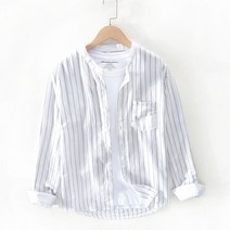 면마블라우스 스위트 줄무늬 스탠딩카라 긴 소매 남성 캐쥬얼 청년 단아한 배기 와이드 루즈핏 린넨 와이셔츠 4038036594, 화이트 T750