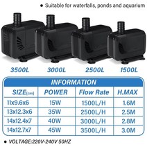 1500/2500/3000/3500L/H 잠수정 워터 펌프 15W 35W 40W 45W 물고기 연못 수족관 탱크 폭포 분수 웅덩이 워터 펌프, 보여진 바와 같이, 40W 3000L