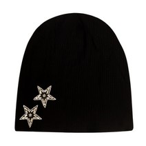 Geebro여성용 Slouchy 라인스톤 샤이닝 스타 골지 비니 소프트 패션 레이디 스트레치 스컬리 모자 보닛 여성용, [02] Black2