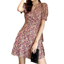 로아 잔꽃무늬 쉬폰 원피스 여성 브이넥 허리끈