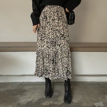 레오파드 플리츠 밴딩 롱스커트