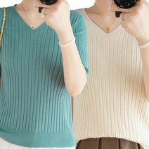 1+1 여성용 베이직 브이넥 골지 니트 반팔티 부드러운 스판 사계절 간절기 데일리룩 티셔츠 5C827
