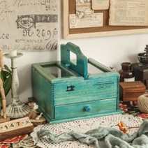 [XiangBaiLing해외구매대행] 반짇고리 서랍형 테이블 수납함 원목 나무 박스 십자수 세트 보관함 봉제 작업실 공예, 지중해색