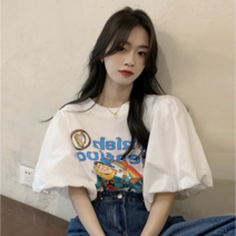 1+1세트 여름 반팔 레터링 티셔츠 퍼프소매T