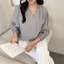 [코지] 여자 우아한 브이넥 셔링퍼프 아나운서 블라우스