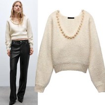 ZARA 진주목걸이 카라 크롭 베이지 니트 스웨터