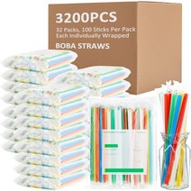 Tessco 점보 스무디 빨대 3200개 32팩 각 100개 1 2 x 24 9cm(0 43 9 84인치) 다채로운 보바 일회용 버블 티 넓은 마우스 플라스틱 개별 포장 홈메이드, Colorful