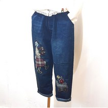 자수청바지 가을 10부 캐릭터 스판 배기핏 마차 데님 팬츠