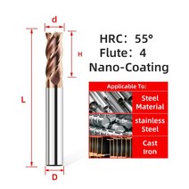 Tooleye HRC55 CNC 카바이드 엔드 밀 4 플루트 금속 용 기계 커터 공구 3 5 6 8 12 생크 텅스텐 스틸 플랫 밀링, [04] d2.5xD4x50L, [01] 1pc HRC55 4F