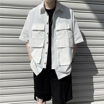 DFMEI 남성 캐주얼 셔츠 반팔 셔츠 남자의 일본 스타일 느슨한 툴링 셔츠 여름 얇은 유행 브랜드 멀티 포켓 캐주얼 코트
