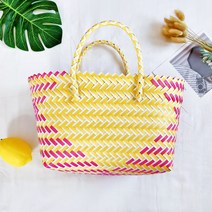 휴대용 쇼핑 바구니 피크닉 바구니 짠 가방 저장 바구니 yq0204, 큰 노란색과 빨간색