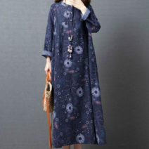 잇츠스타일 플라워 에스닉 패턴 헨리넥 롱 원피스