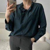 브이와이 여자 백버튼 핀턱 벌룬 U넥 프릴 블라우스