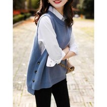 손뜨개조끼 오버핏 롱 크롭 니트조끼 O-넥 스웨터 조끼 여성 민소매 니트 사이드 버튼 경기 세련된 솔리드 아늑한 Ulzzang