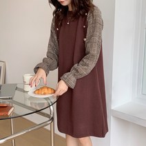 가을 겨울 임산부 원피스 썸머 스웨터 패치 체크 모직 소매 수유 스커트 코디