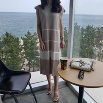 상상그이상 여성용 페미닌 스트라이프 배색 플리츠 롱원피스 라운드넥 니트반팔 여름원피스 니트원피스