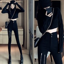 여성 청바지 하이웨이스트 스키니 블랙진 지퍼 장식