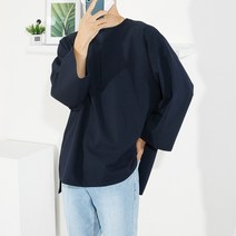 남성 루즈핏 스판 무지 레이어드 옆트임 롱 티셔츠 남자 오버핏 분또 파스텔 긴팔 라운드 면티