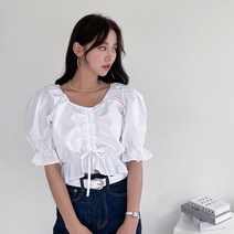 오프숄더 스트링 어깨 퍼프 크롭 퀸 블라우스