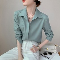 링클프리셔츠 구김없는 여성 셔츠 레트로 블루 탑 봄신상 디자인 센스 니치 방지 링클프리 긴팔 능직 소금 시스템
