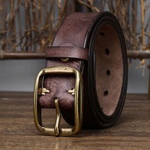 명품가방끈 가방 스트랩 3.8CM 두꺼운 소가죽 구리 버클 정품 가죽 캐주얼 청바지 벨트 남성용 레트로 럭셔리 남성 신토스, 125 센치메터, Coffee