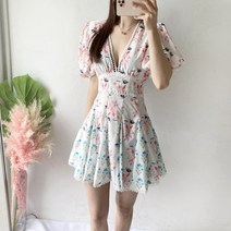 [엠케이지]래키 에스닉 브이넥 레이스 퍼프 미니원피스